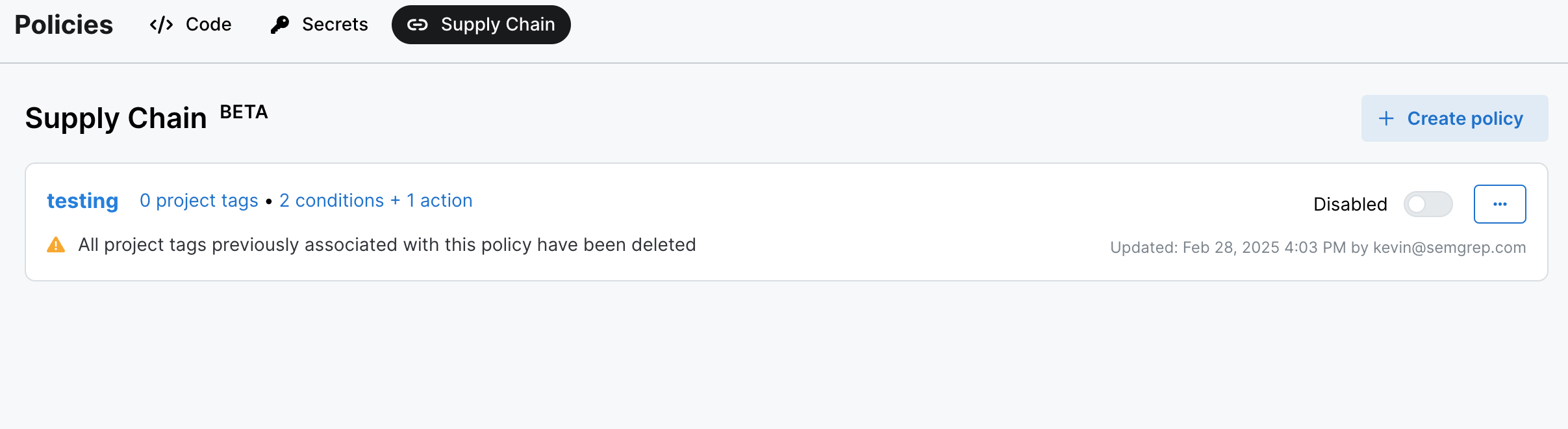 Warning message when projects or tags in a policy have been deleted